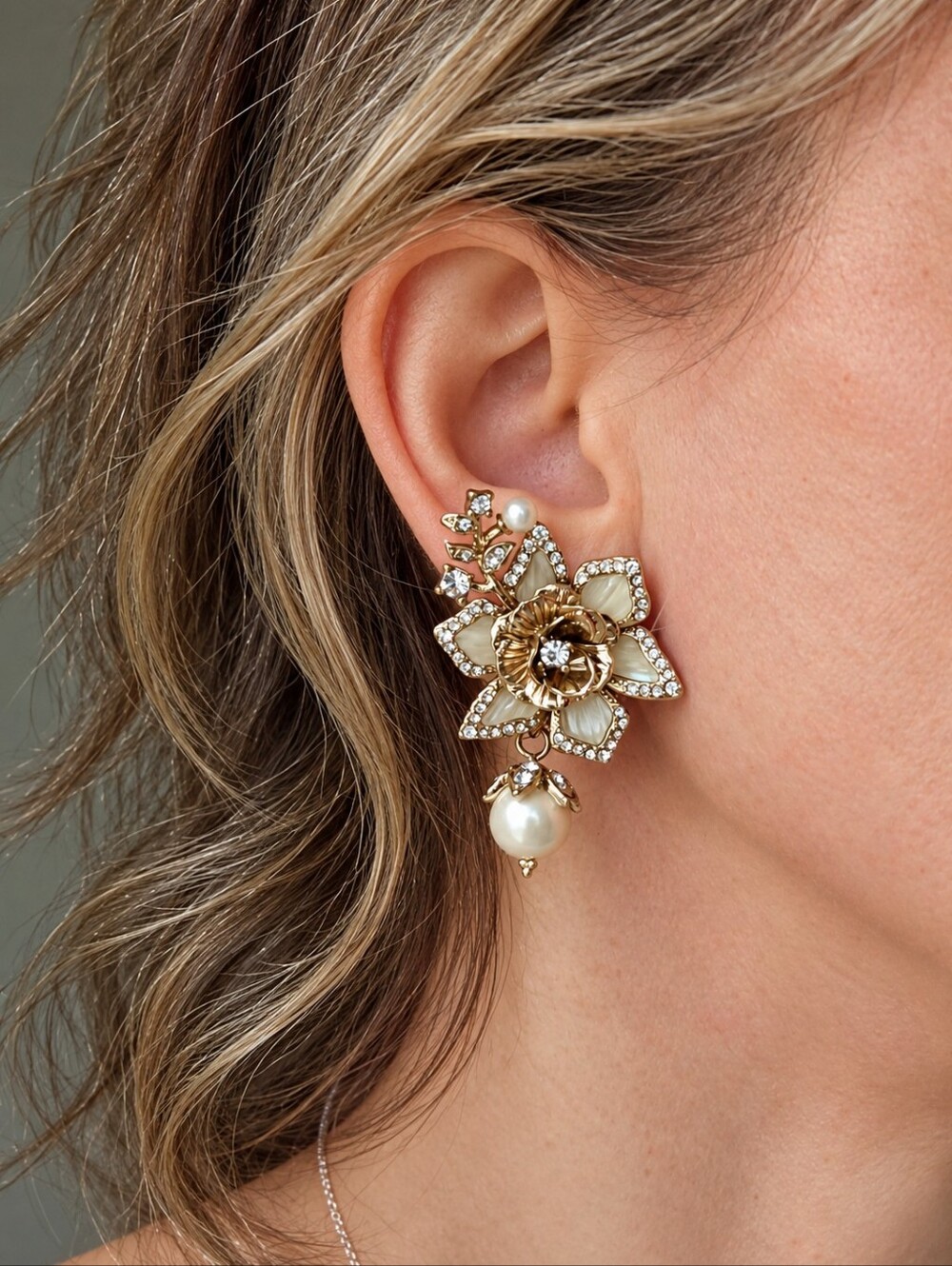 Vintage Floral Pearl Drop Earrings - Rhinestone Statement Earrings